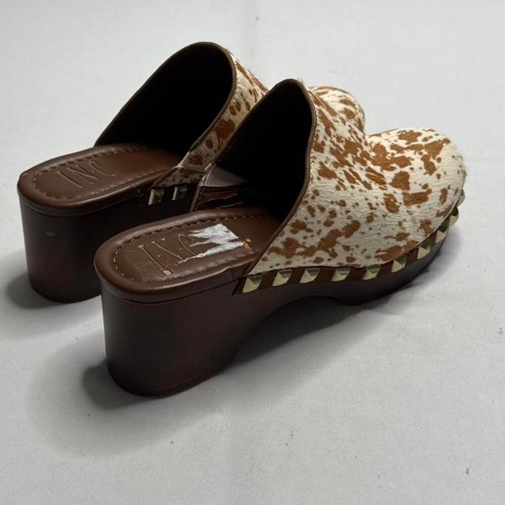 INC Vintage Cow Print Studded Clog Heel (real calf fur) size 6 1/2 brown + cream - Picture 8 of 8